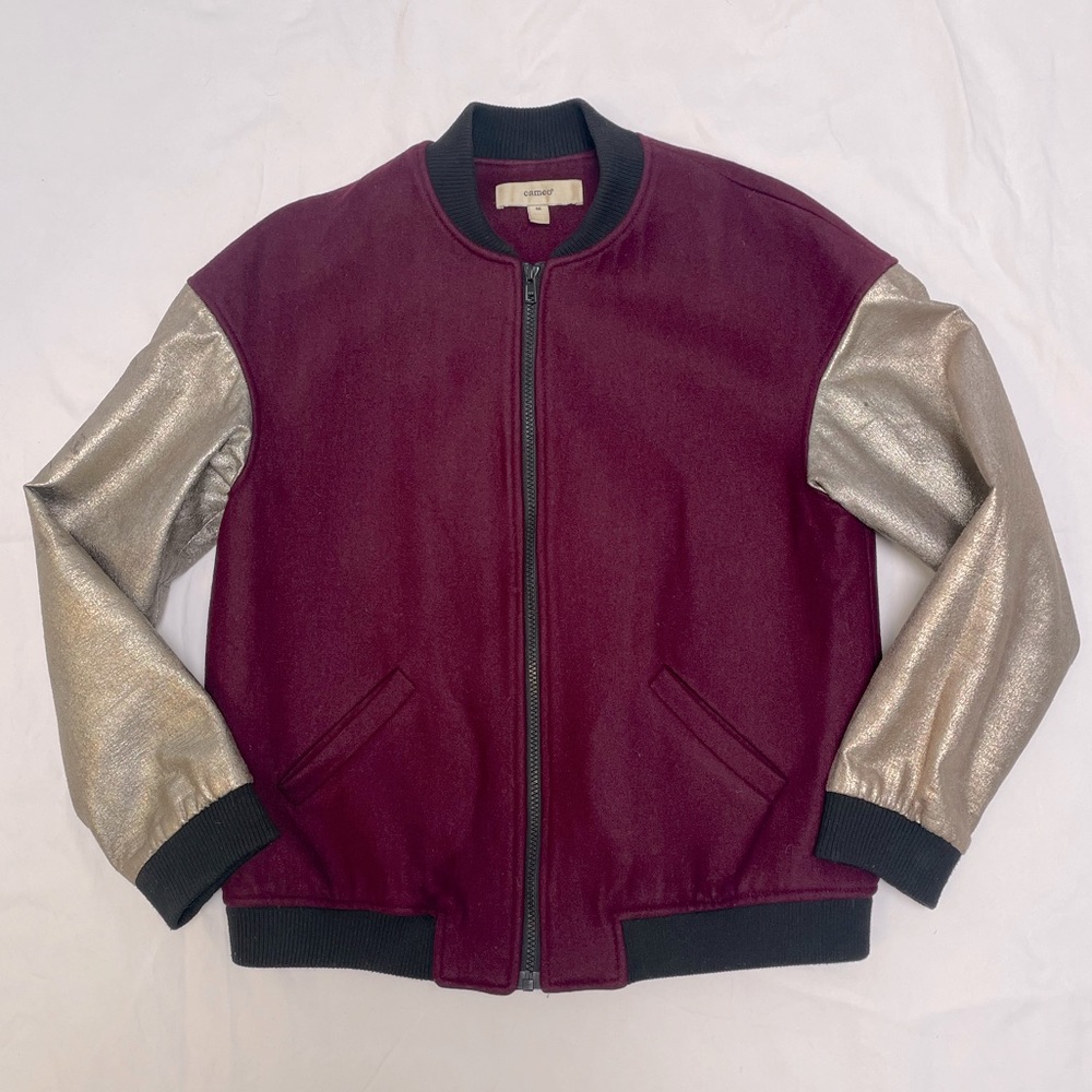 C/meo Maroon Wool Cropped Bomber Jacket with Metallic Sleeves - Size M